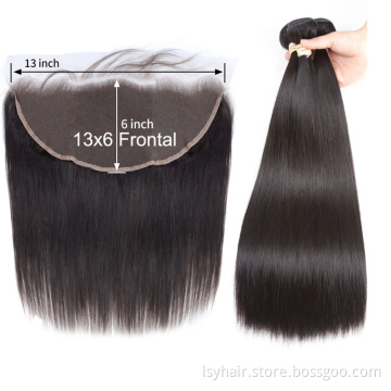 Deals 13x6 Lace Frontal Closure With 3 Straight Hair Bundles, Pre Plucked Remy Brazilian Human Hair Bundles With 13*6 Frontal